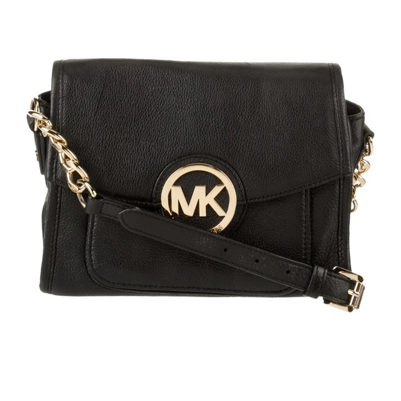 Michael Michael Kors Chain-linked Pebbled Leather Crossbody Bag - Black & Gold - Picture 1 of 12